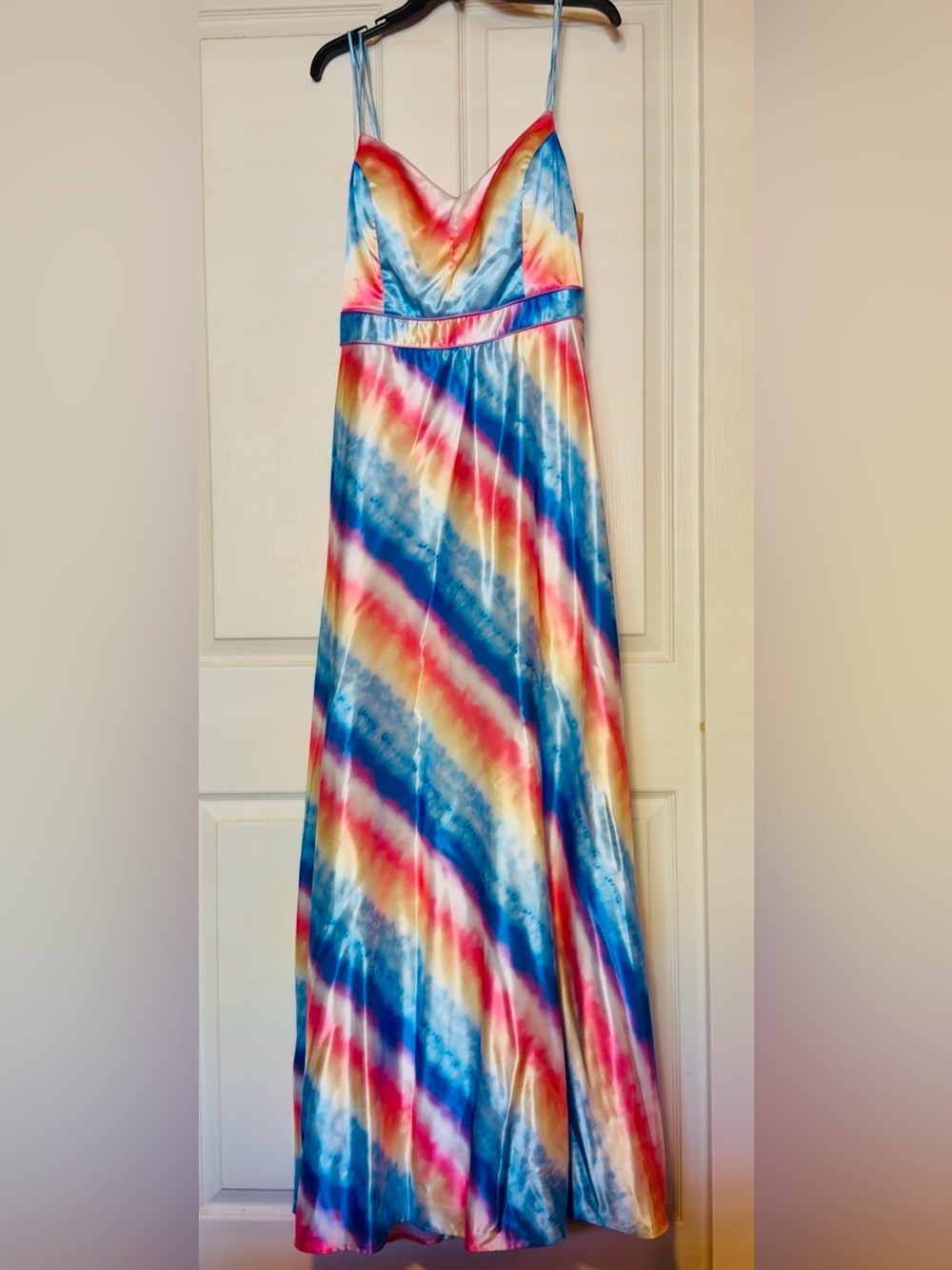 City Studio Blue Pink Yellow Satin Tie-Dye Spaghetti Strap Maxi Dress